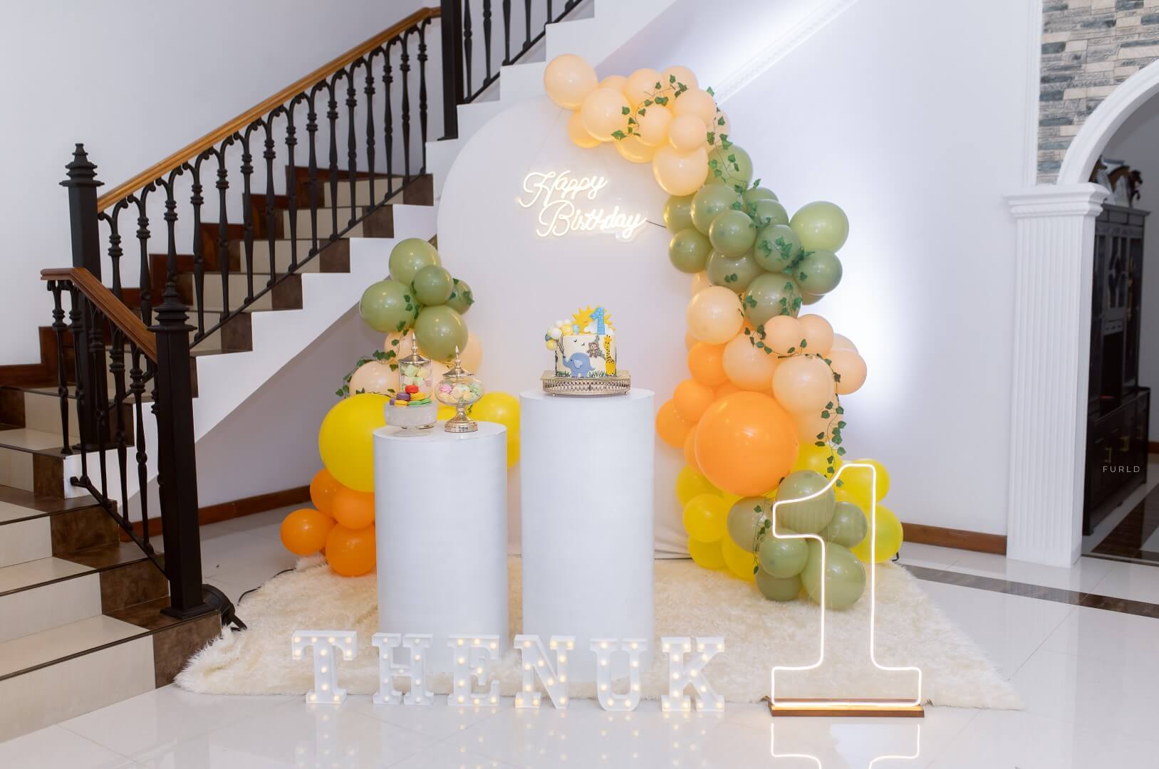 Birthday party decoration setup with balloons and streamers in Bandarawela